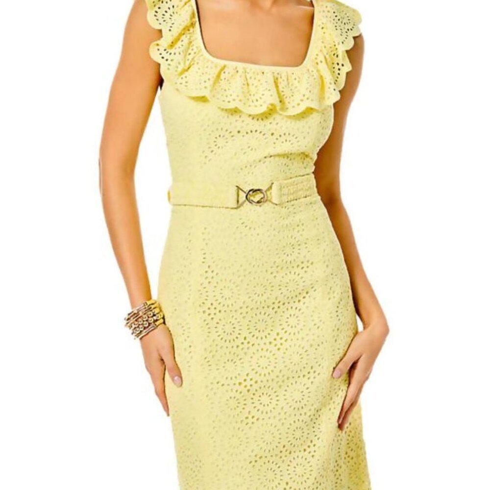 Lilly Pulitzer Ryann Sheath Sleeveless Cotton Dress Eyelet Yellow Creme Fraiche
